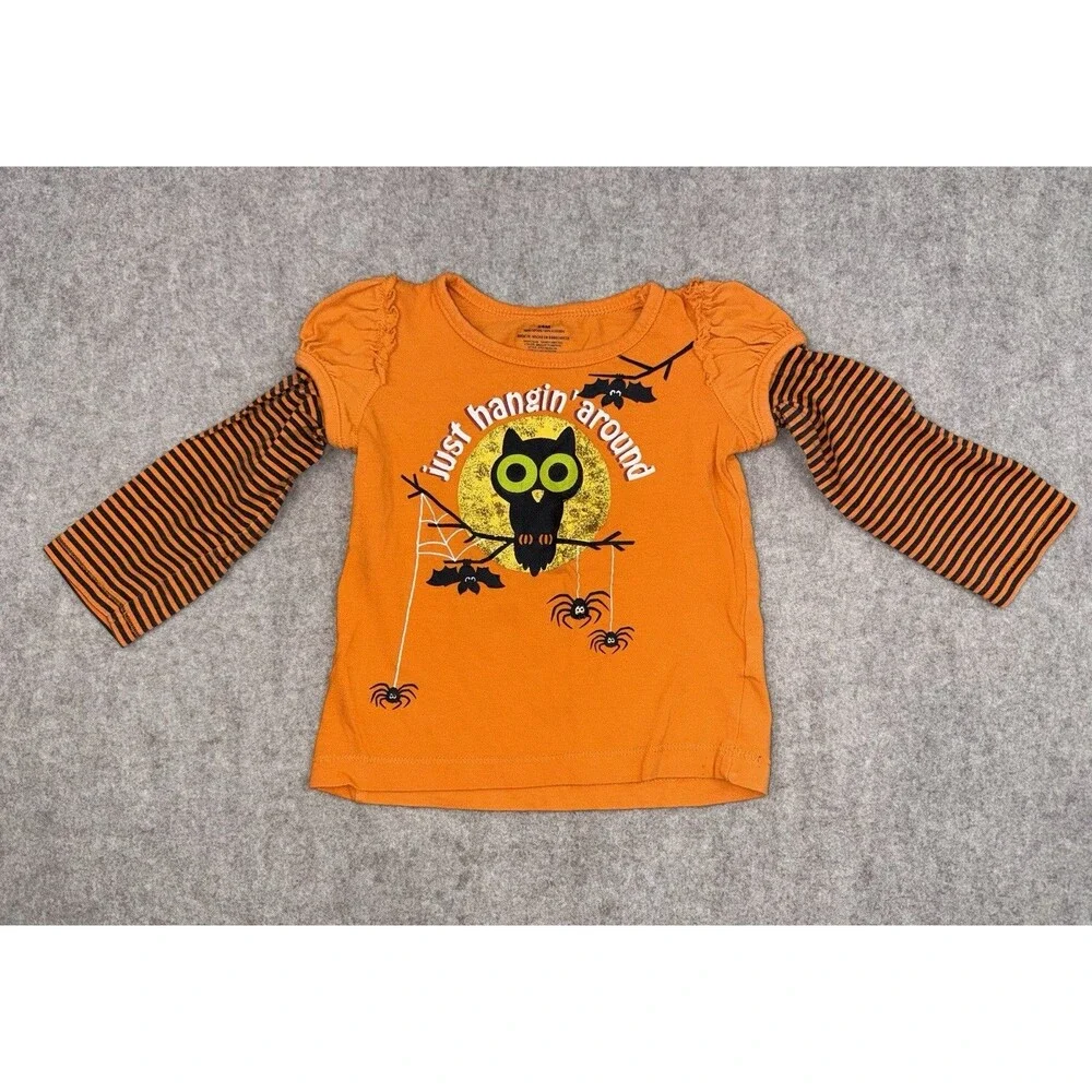 Girls 24M Orange Long Sleeve Graphic Crew Neck T-Shirt Halloween Owl